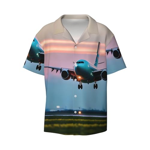 Kurzärmliges Hemd mit Flugzeug im Abendlicht-Druck, kubanischer Kragen, perfekte Strand- und Freizeitkleidung für Herren, Schwarz, XL von SSIMOO