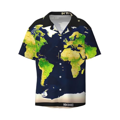 Kurzärmliges Hemd mit Weltkarten-Druck, kubanischer Kragen, perfekte Strand- und Freizeitkleidung für Herren, Schwarz, 3XL von SSIMOO