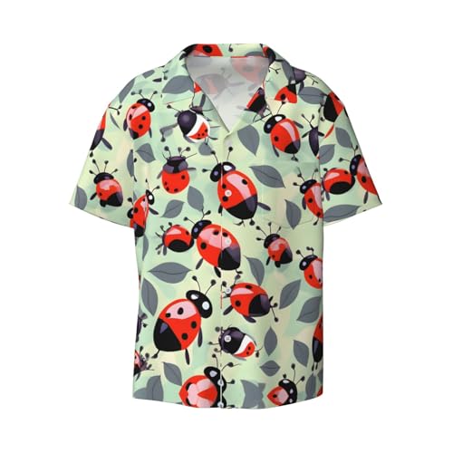 Marienkäfer-Hemd, Cartoon-Muster, kubanischer Kragen, kurzärmelig, perfekte Strand- und Freizeitkleidung für Herren, Schwarz, L von SSIMOO