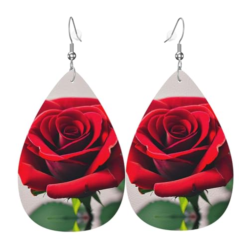 Rote Rose Leder-Ohrringe, tropfenförmig, modisches Accessoire für Damen, Valentinstag, Einheitsgröße, Leder Leder Polyurethan von SSIMOO