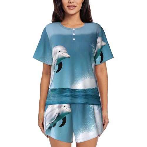 SSIMOO Damen-Pyjama, Motiv: Killerwal, Delfin, Meer, Hauskleidung, Schlafanzug mit kurzer Hose, zweiteiliger Anzug, eleganter Damen-Pyjama, Schwarz, 3XL von SSIMOO