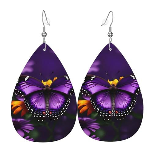Violette Schmetterlings- und Blumen-Leder-Ohrringe, modisches Accessoire für Damen, Valentinstag, Einheitsgröße, Leder Leder Polyurethan von SSIMOO