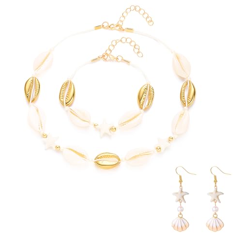 SSKHE 1 Set natürlicher Muschel-Schmuck – mehrlagige Halskette + Armband + Ohrstecker | handgefertigter Perlen-Boho-Strand-Stil | Sommerurlaub, Ozean-Themen-Accessoire, Geschenk-Set für Frauen und von SSKHE