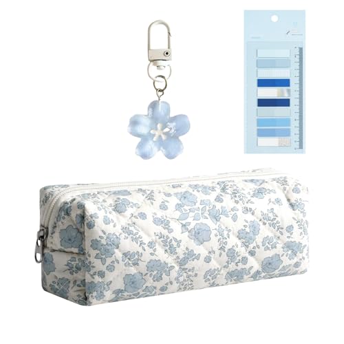 SSKHE 1 x Federmäppchen mit Blumenmuster, 1 x Index-Aufkleber und 1 x Blumen-Schlüsselanhänger, babyblaues Federmäppchen-Set, niedliche Tasche, tragbare Studententasche. von SSKHE