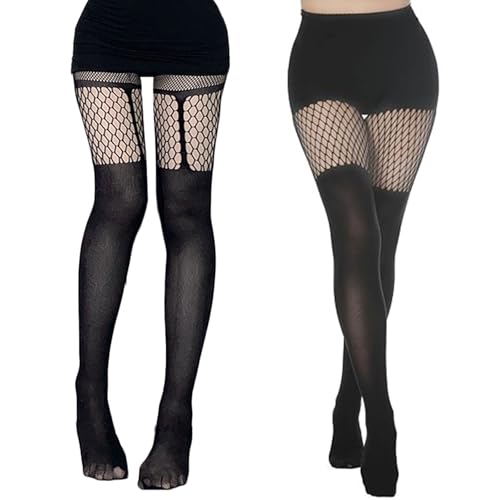 SSKHE 2 Paar Netzstrumpfhosen Damen Schwarz Blickdichte Overknee Strümpfe Fischnetz Strumpfhose mit Muster Damen Strumpfhosen Netz strumpfhosen von SSKHE