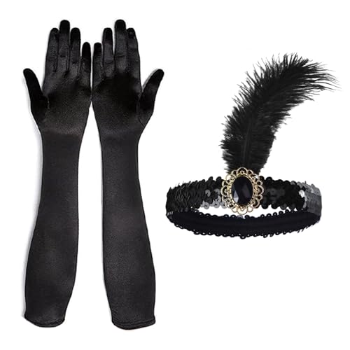 SSKHE 2Teiliges 20er Jahre Accessoires,Flapper Stirnband und Handschuhe Damen.1920 Zubehör Set,Satin Classic Abendhandschuhe,Stirnband Handschuhen Great Gatsby Party Kostüme von SSKHE