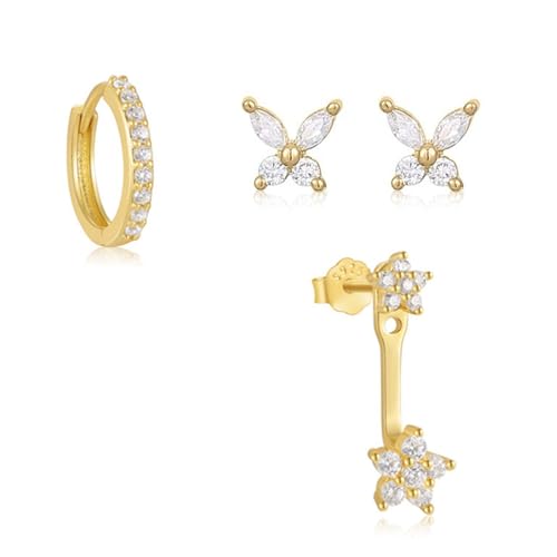 SSKHE 3 Pcs Ohrringe Silber 925 Set, Kleine Ohrstecker und Creolen für Damen, Zirkonia Ohrringe Silber Set für Mehrere Piercings, Ideal für Hochzeiten, Geburtstage und Geschenke von SSKHE