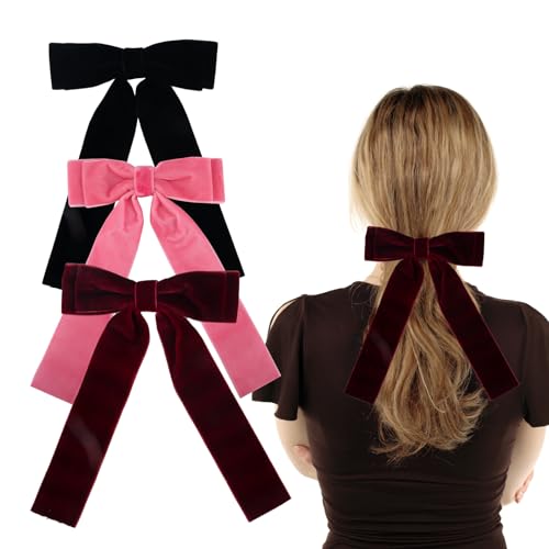 SSKHE 3 Stück Velvet Bow Hair Clip mit langem Band, 3 verschiedene Farben von Samt Hair Band, French Bow Hair Clip für Mädchen Damen (Schwarz + Weinrot + Rosa) von SSKHE