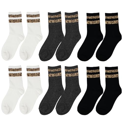 SSKHE 6 Paar Leopardenmuster Damensocken Leopard Crew Socken Baumwolle Crew Socken mit Leopardenmuster und Streifen Sportsocken für Fitnessstudio und Freizeitkleidung Größe 35-42, Schwarz, Weiß, Grau, von SSKHE
