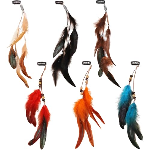 SSKHE 6 Stücke 6 FarbeFeder Haarverlängerungen Clip Kopfschmuck Haarverlängerungen mit Federn Boho Feder Haarspangen für Frauen Mädchen Boho Haarschmuck für Faschingskostüm Karneval Halloween Verkleid von SSKHE
