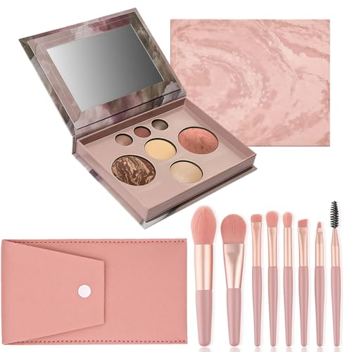 SSKHE All-in-One Makeup Set, Gebackene Palette mit Bronzer, Blush, 2 Highlighter & 3 Lidschatten, Tragbares Make-Up Starter Kit inklusive Pinselset von SSKHE