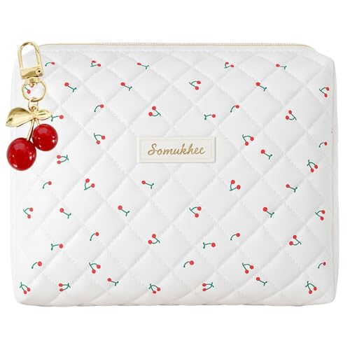 SSKHE Baumwoll-Kosmetiktasche mit Kirsch-Anhänger, tragbare Reise-Kosmetiktasche, große Make-up-Tasche, Reißverschluss-Waschbeutel, Organizer für Damen von SSKHE