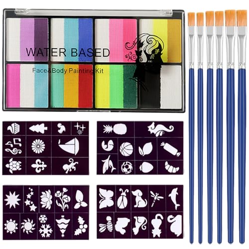 SSKHE Face Paint Kit, 1 Set Face Paints mit 4 Schablonenvorlagen + 6 Pinsel, nicht-giftige Kinder & Erwachsene Gesichtsmalerei Zubehör, ideal für Halloween, Karneval, Weihnachten & Partys von SSKHE