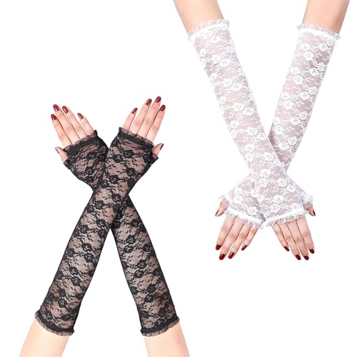 SSKHE Fingerless Spitzenhandschuhe Schwarz, Schön Spitzenhandschuhe, Weich Lange Handschuhe Fingerlos von SSKHE