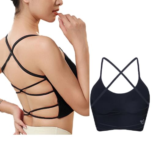 SSKHE Sport BH Damen Gepolstert Crossback Fitness Bra Abnehmbarer Brustpolster Yoga Tops Gestrickte Nahtlose Sportbekleidung (DE/NL/SE/PL, Alphanumerisch, Einheitsgröße, S, Regular, Regular, Schwarz) von SSKHE