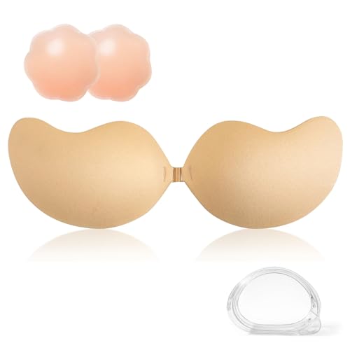 SSKHE Unsichtbarer Trägerloser Rückenfreier Klebe-BH für Frauen Wiederverwendbar Hautfreundlich Silikon Atmungsaktiv Push Up BH mit 2 Stück Brustwarzenabdeckungen von SSKHE