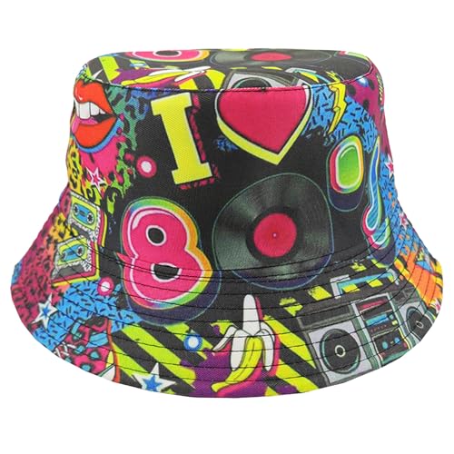 SSKHH Graffiti Retro Doppelseitiger 80er Jahre Klassischer Fischerhut, Unisex Street Graffiti Stil Wendbarer Bucket Hat, Hip-Hop Punk Graffiti Anglerhut, Must-Have Street Fashion Accessoire. von SSKHE