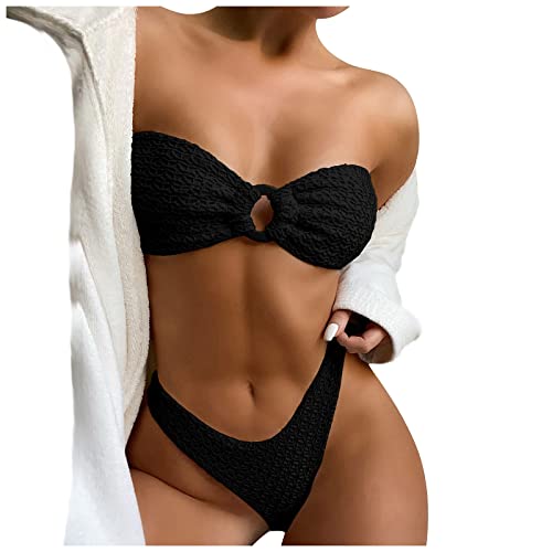 SSLLH Bikini Set Damen Bandeau Zweiteiliger Bademode Vintage Einfarbig Ring Badeanzug für Frauen Hohe Taille Rückenfrei Badebekleidung Bikinioberteil und Bikinihosen Push Up Trägerlosen, Schwarz, L von SSLLH