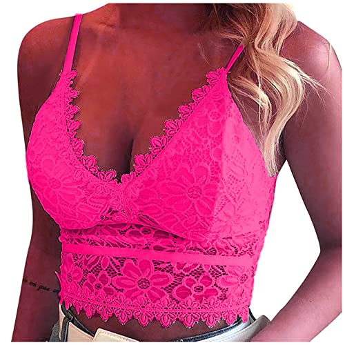 SSLLH Damen BH Sexy Spitzen Bralette Ohne Bügel Push Up Büstenhalter Yoga Spitze Sport Bustier für Frauen Spaghettiträger Verstellbare Bra Top Weste Dessous Komfort V-Ausschnitt Leibchen, Rosa, L von SSLLH