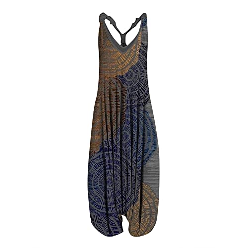 SSLLH Damen Casual Lose Jumpsuit Boho Lang Druck Overall Baggy Oversize Playsuit Aladinhose Ärmellos Sommerhose für Frauen Leichte Einteiler Rompers Mädchen Sommeroverall Haremshose, Marine, XL von SSLLH