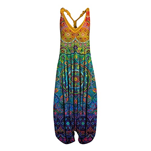 SSLLH Damen Jumpsuit Boho Lang Druck Overall Baggy Oversize Playsuit Aladinhose Ärmellos Vintage Sommerhose für Frauen Lose Leichte Einteiler Rompers Mädchen Sommeroverall Haremshose, Blau, XXL von SSLLH