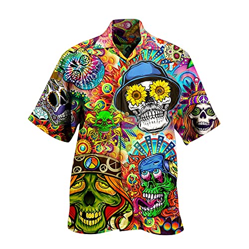 SSLLH Herren Hawaiihemd Skull Drucken Kurzarm Hawaii Hemd Sommer Loose Fit Strandhemd Funky Hawaii-Print Sommerhemd für Männer Strandurlaub Reise Hawaii-Hemd Freizeithemden für Karneval Party von SSLLH