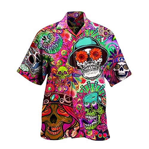 SSLLH Herren Hawaiihemd Skull Drucken Kurzarm Hawaii Hemd Sommer Loose Fit Strandhemd Funky Hawaii-Print Sommerhemd für Männer Strandurlaub Reise Hawaii-Hemd Freizeithemden für Karneval Party von SSLLH