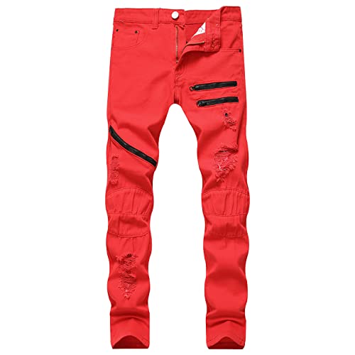 SSLLH Herren Jeans Hose Slim fit Stretch Jeanshose Tapered Zerrissene Hosen für Männer Destroyed Regular Denim Modern Elegant mit Reißverschluß Washed Skinny Jeans, Rot, XL von SSLLH