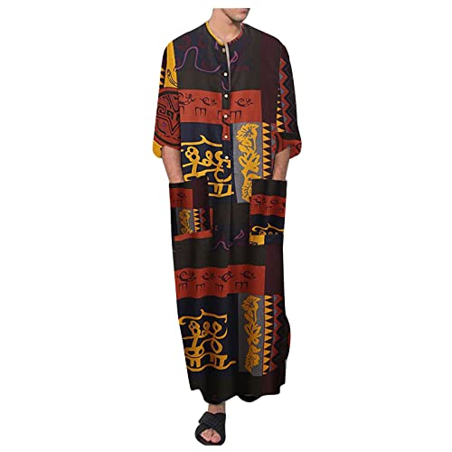 SSLLH Herren Kaftan Ethnischen Robe mit Retro Drucken Im Saudi-Stil Vintage Arabisch Langarm T-Shirt Seite Split Langes Kleid Nachthemd für Männer Dünne Schlafanzug Mit Taschen Bademäntel Morgenmäntel von SSLLH