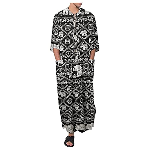 SSLLH Herren Kaftan Ethnischen Robe mit Retro Drucken Im Saudi-Stil Vintage Arabisch Langarm T-Shirt Seite Split Langes Kleid Nachthemd für Männer Dünne Schlafanzug Mit Taschen Bademäntel Morgenmäntel von SSLLH