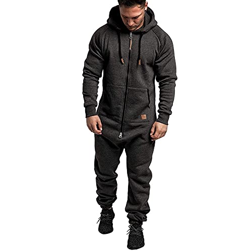 SSLLH Herren Overall Jumpsuit Trainingsanzug für Männer Jogginghose One Piece Reißverschluss mit Kapuze und Taschepsuit Fitness Einteiler Bekleidung Warm Winter Jogging Jumpsuit, Grau, XL von SSLLH