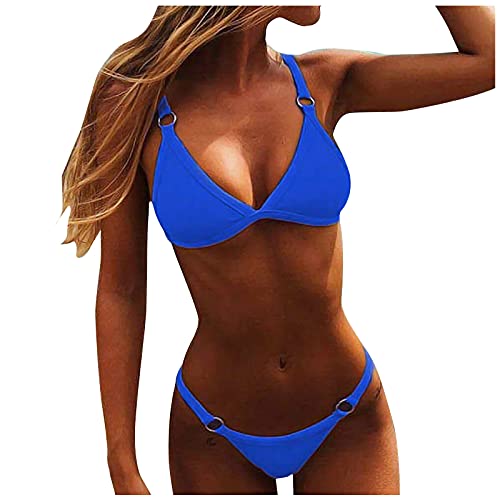 SSLLH Ring Bikini Set Damen Sexy Tiny BH uad Triangle Badebekleidung Push Up Bademode für Frauen Tiefer V Ausschnitt Einfarbig Badeanzug Summer Sea Beach Strand Zweiteiliger, Blau, M von SSLLH