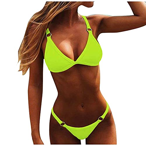 SSLLH Ring Bikini Set Damen Sexy Tiny BH uad Triangle Badebekleidung Push Up Bademode für Frauen Tiefer V Ausschnitt Einfarbig Badeanzug Summer Sea Beach Strand Zweiteiliger, Grün, M von SSLLH