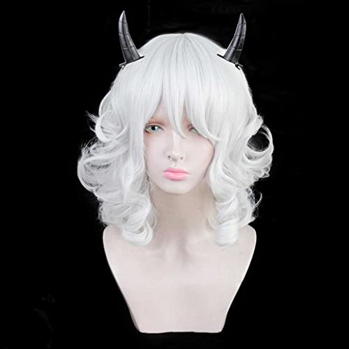 Cosplay Wig,Helltaker Modeus Cosplay Wig，With Horns,Long Curly White Wig,with Free Wig Cap,Halloween Costume Cosplay,for Christmas Carnival party von SSLQYLEE