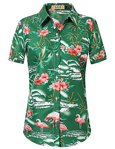 SSLR Hawaii-Hemden für Damen, Flamingo-Hemd, tropische Hemden für Damen, Sommer, lässig, kurzärmelig, Grün (Forest Green), Groß von SSLR