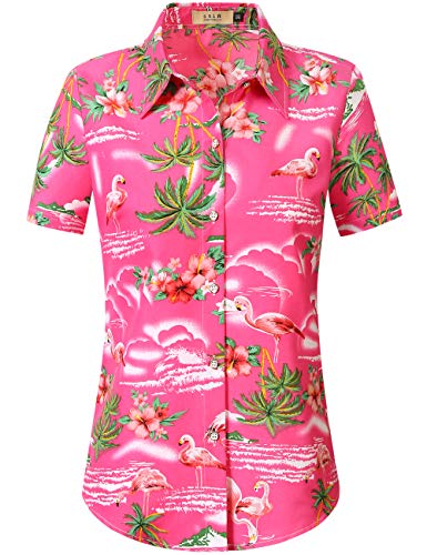 Hawaii-Hemden für Damen, Flamingo-Hemd, tropische Hemden für Frauen, lässig, kurzärmelig, Pink, 3X-Groß von SSLR