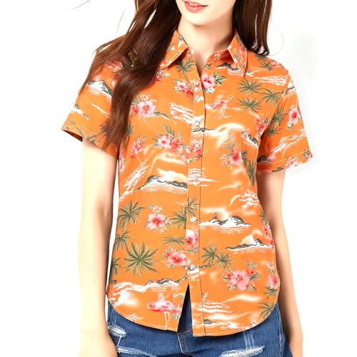 SSLR Hawaii Hemd Damen, Hawaii Bluse Damen, Kurzarm Flamingo Shirt 3D Gedruckt Blumen Hawaiihemd (X-Large, Orange) von SSLR