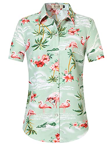 SSLR Damen Flamingo-Hemd, lässig, kurzärmelig, Hawaii-Hemden für Damen, lichtgrün, Klein von SSLR