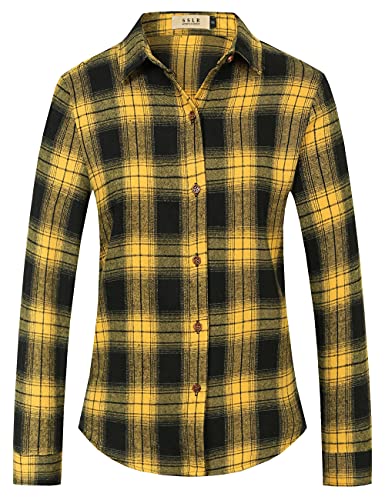 SSLR Damen-Flanellhemd mit Knopfleiste, gebürstet, langärmelig, kariert, Hemden für Frauen, gelb, Groß von SSLR