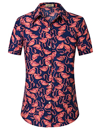 SSLR Damen-Hawaii-Shirt, bedruckt, kurzärmelig, lässig, mit Knopfleiste, Marineblauer Flamingo, Mittel von SSLR