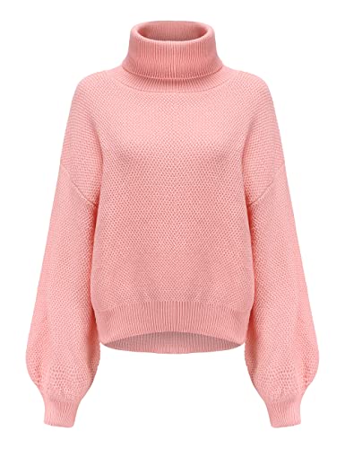 SSLR Oversize Pullover für Damen Winter Strickpullover Grobmaschig Rollkragenpullover Elegant Strickkleid Einfarbig (Large, Rosa) von SSLR