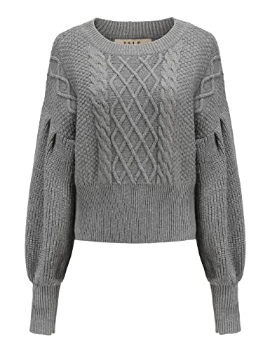 SSLR Damen Strickpullover Oversize Pullover Winter Warm Sweater Rundhals Laternenärmel Pullis für Damen Grobmaschig Crop Pullover (Medium, Grau) von SSLR