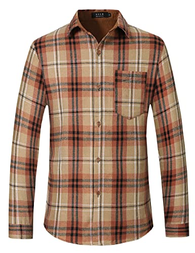 SSLR Flanellhemd für Herren, lange Ärmel, Knopfleiste, kariert, lässig, Orange / Beige Flanell, Mittel von SSLR