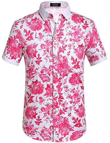 SSLR Hawaii Hemd Männer, Herren Kurzarm Floral Sommer Freizeit Hemden, Baumwolle Kurzarm T Shirt für Herren Button Down & Casual Design (4X-Large, Rosa) von SSLR