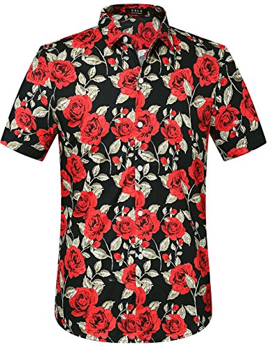 SSLR Hawaii Hemd Männer, Herren Kurzarm Floral Sommer Freizeit Hemden, Baumwolle Kurzarm T Shirt für Herren Button Down & Casual Design (Large, Rot) von SSLR