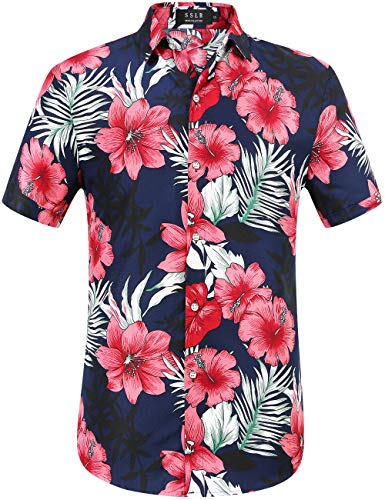 SSLR Hawaii Hemd Männer, Herren Kurzarm Floral Sommer Freizeit Hemden, Baumwolle Kurzarm T Shirt für Herren Button Down & Casual Design (Large, Rot Marine) von SSLR