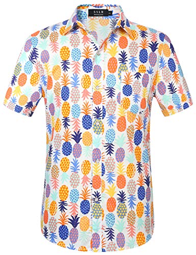 SSLR Hawaii Hemd Männer, Herren Kurzarm Floral Sommer Freizeit Hemden, Baumwolle Kurzarm T Shirt für Herren Button Down & Casual Design (Large, Weiß Orange) von SSLR