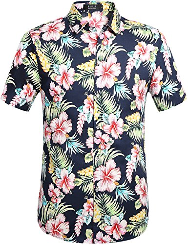 SSLR Hawaii Hemd Männer, Herren Kurzarm Floral Sommer Freizeit Hemden, Baumwolle Kurzarm T Shirt für Herren Button Down & Casual Design (Medium, Marine Rot) von SSLR