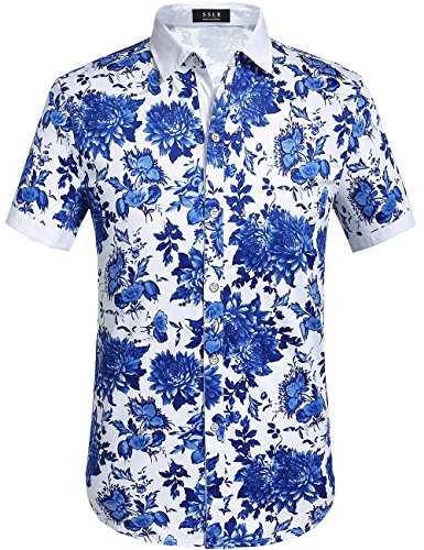 SSLR Hawaii Hemd Männer, Herren Kurzarm Floral Sommer Freizeit Hemden, Baumwolle Kurzarm T Shirt für Herren Button Down & Casual Design (X-Large, Blau) von SSLR