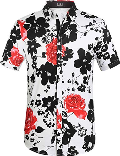 SSLR Hawaii Hemd Männer, Herren Kurzarm Floral Sommer Freizeit Hemden, Baumwolle Kurzarm T Shirt für Herren Button Down & Casual Design (XX-Large, Schwarz Rot) von SSLR